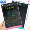 A pink 8.5 inch LCD writing tablet for kids showing a dinosaur drawing on a black screen.