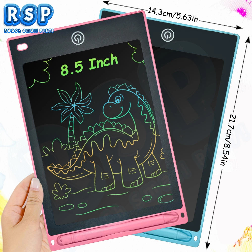 A pink 8.5 inch LCD writing tablet for kids showing a dinosaur drawing on a black screen.