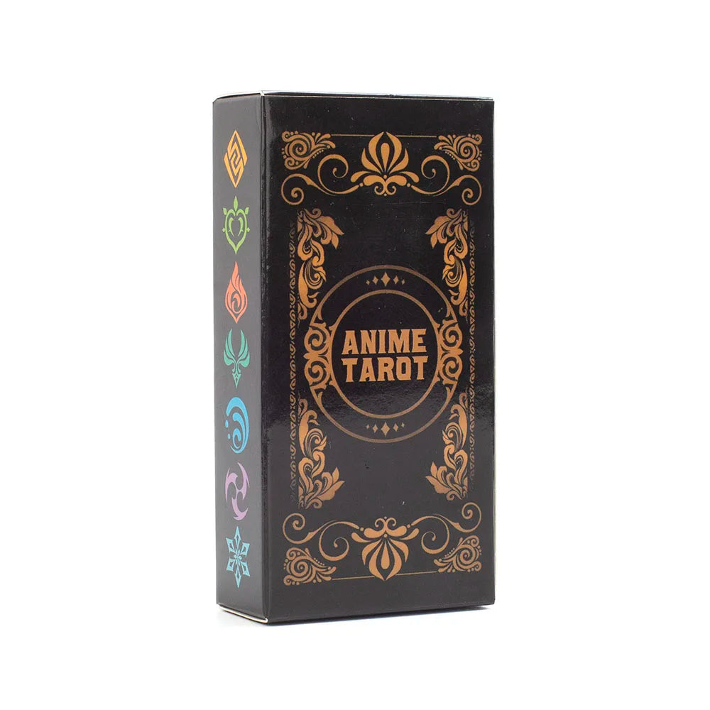 A black box containing an anime tarot card deck and guidebook with gold foil accents.