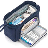 A navy blue double-deck canvas pencil case filled with various writing tools and stationery.