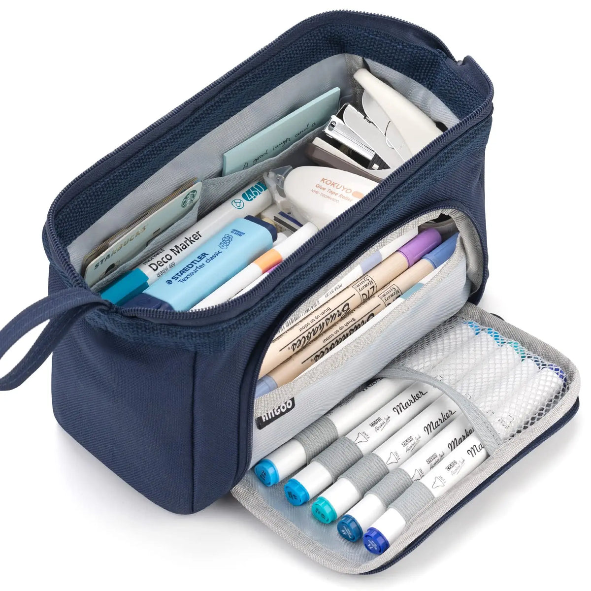 A navy blue double-deck canvas pencil case filled with various writing tools and stationery.