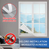 A white window screen with a Velcro double-sided adhesive is shown in a residential setting.