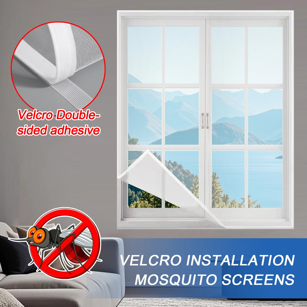 A white window screen with a Velcro double-sided adhesive is shown in a residential setting.