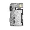 A compact gray and black rechargeable flashlight with a lens and a switch is shown.