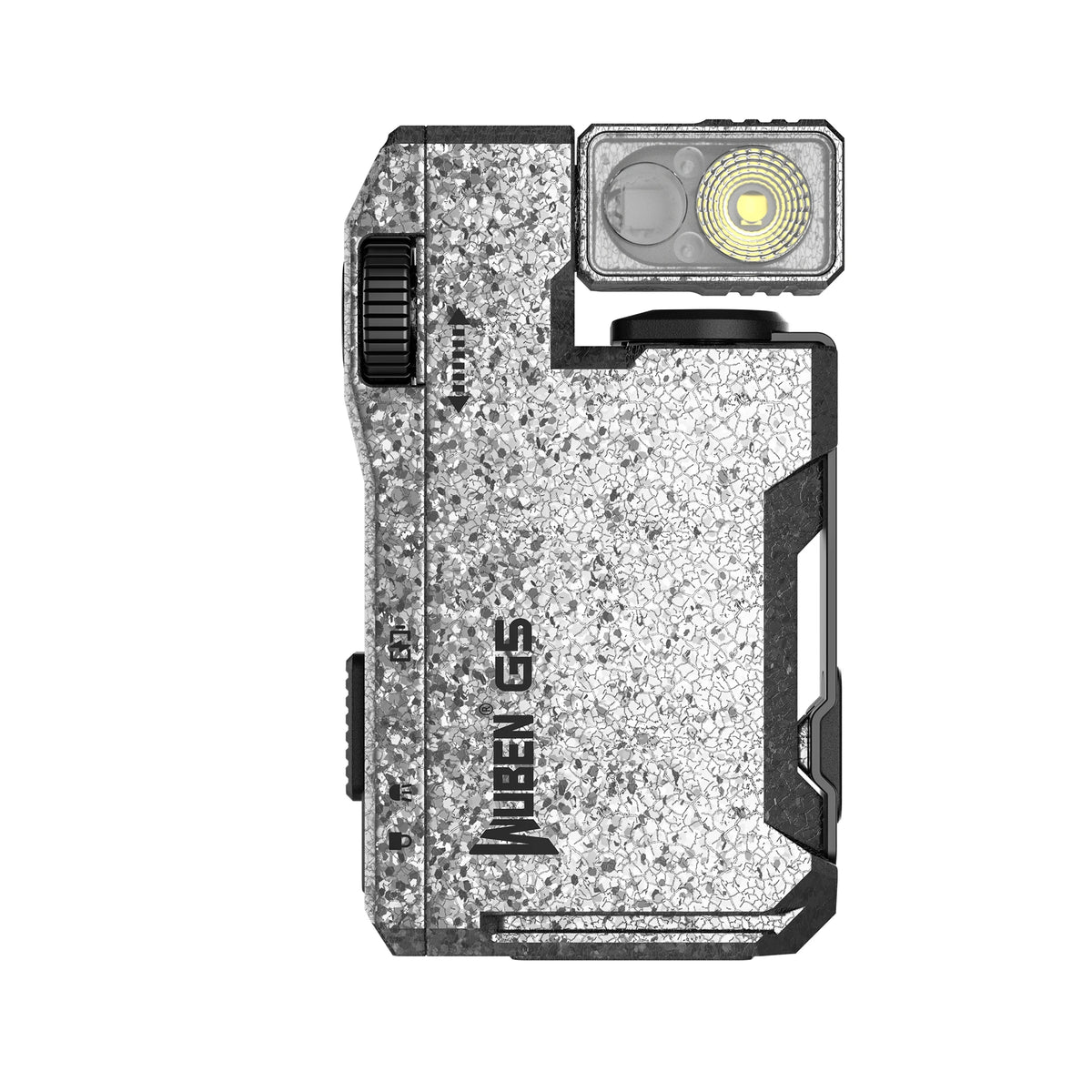 A compact gray and black rechargeable flashlight with a lens and a switch is shown.