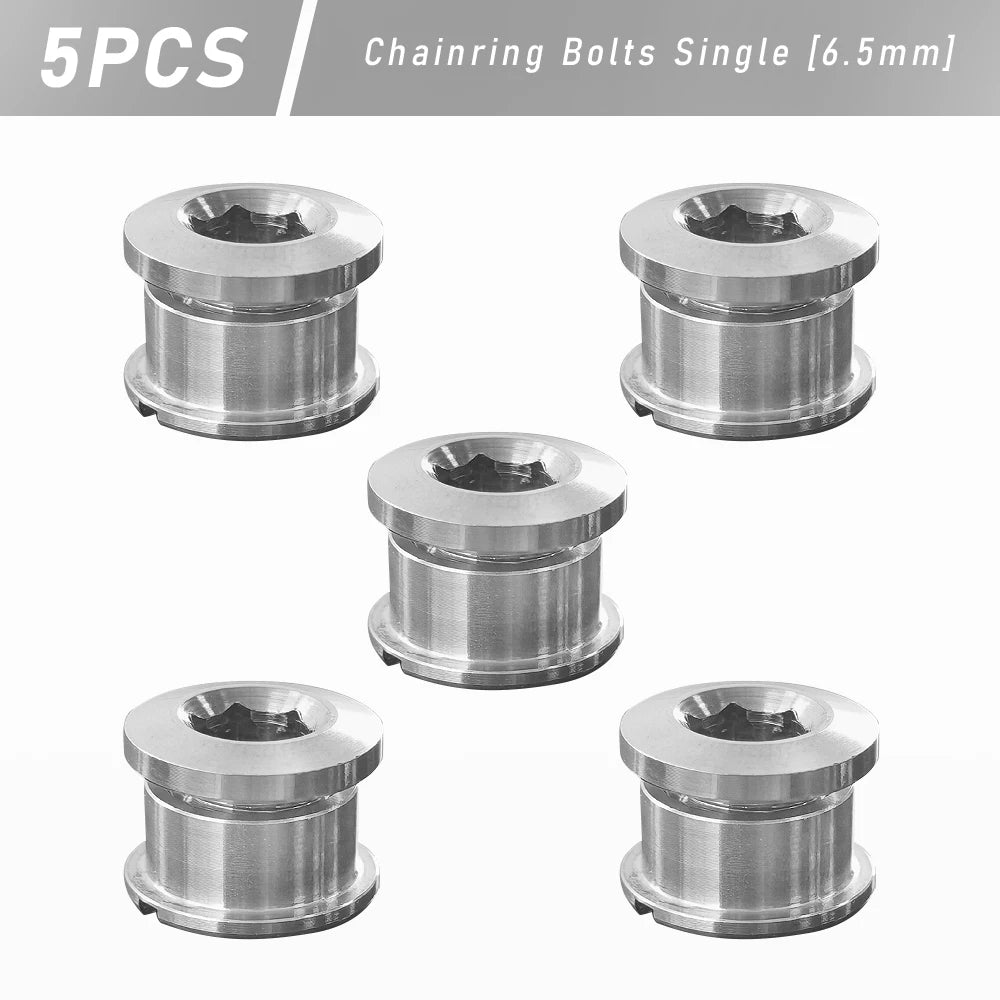Five single titanium alloy chainring bolts, 6.5mm size.