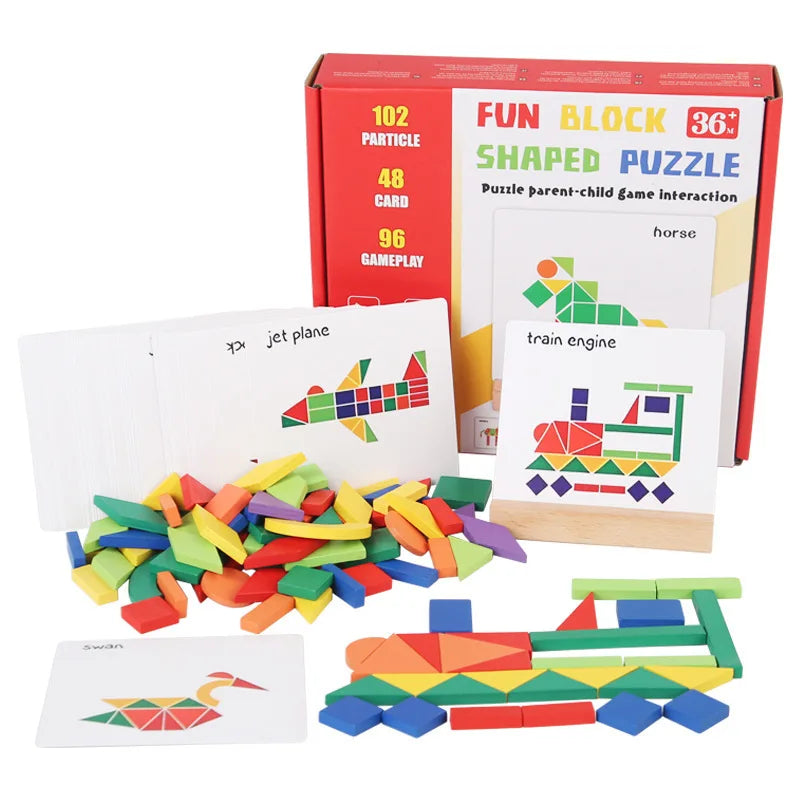 Wooden Shape Matching Puzzle Set with 102 Blocks and 48 Cards
