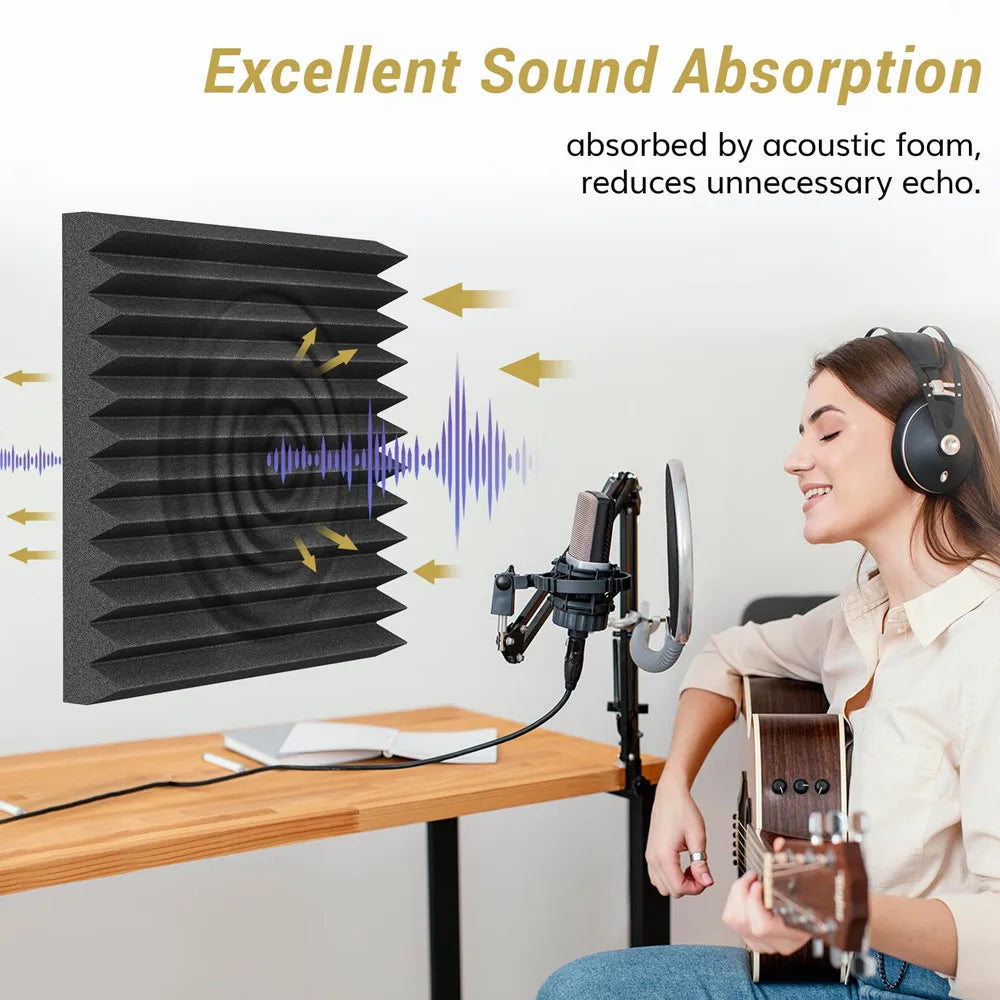 A woman is using a sound absorption panel to reduce echo in an office setting.