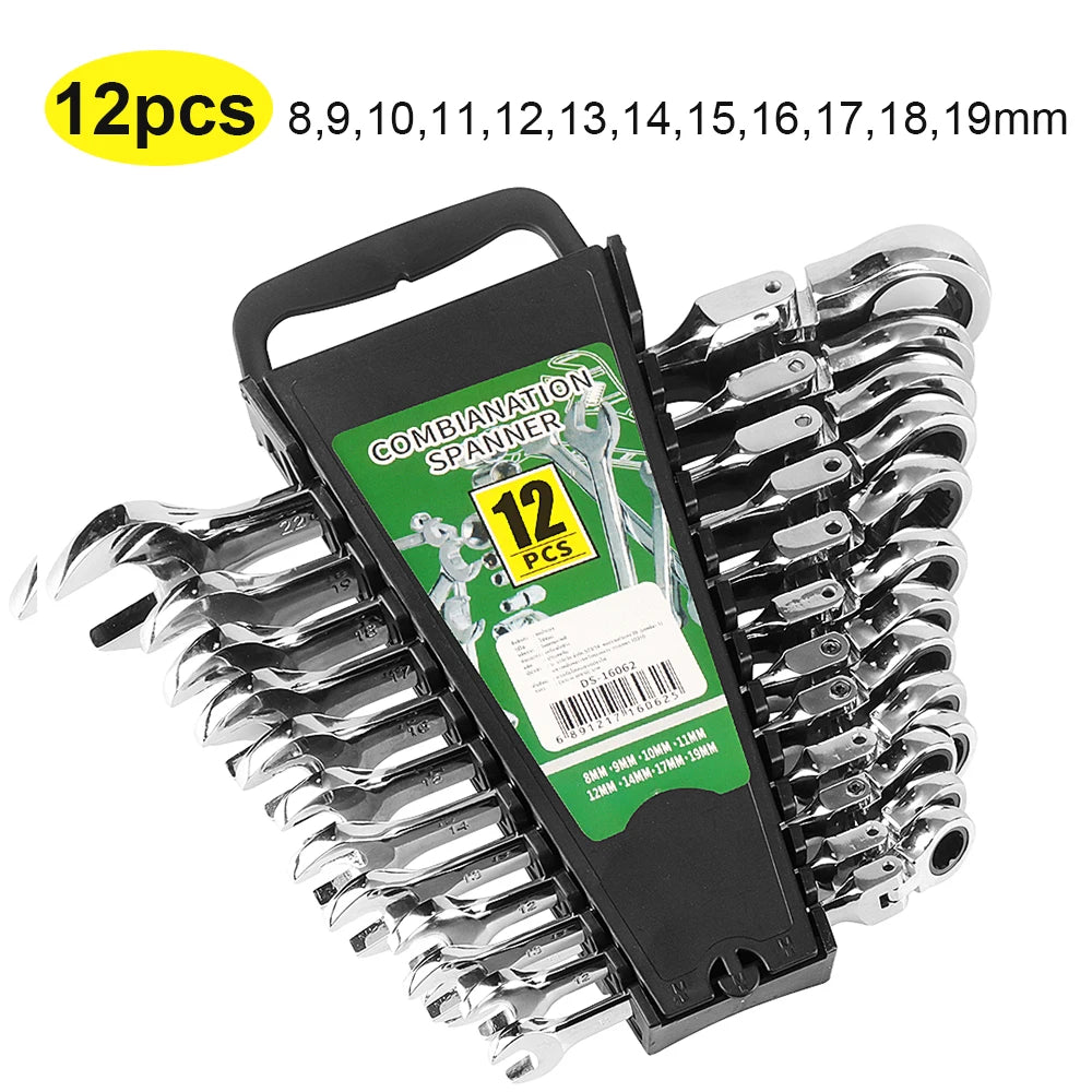 Ratcheting Spanner Set with Flexible Head – 72-Tooth Design