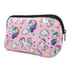 A pink cosmetic bag featuring unicorns in purple and white on a pink background with a black zipper.