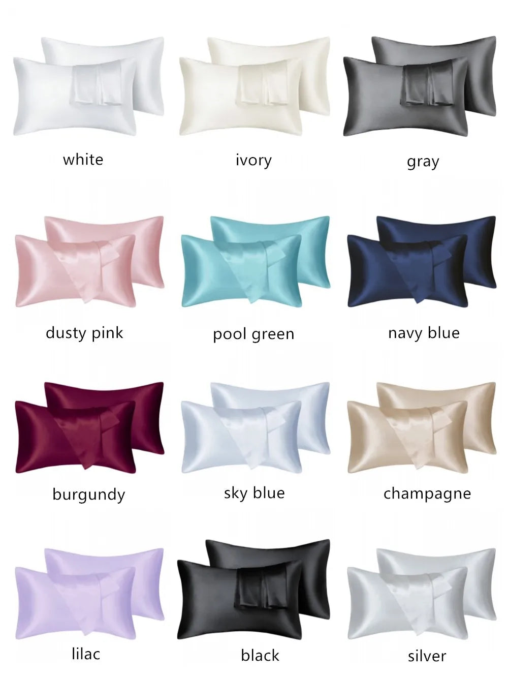 A collection of silky satin pillowcases in various colors including white, ivory, gray, dusty pink, teal, navy blue, burgundy