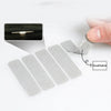 Self-adhesive window screen repair patches are shown next to a black window pane and a human finger.