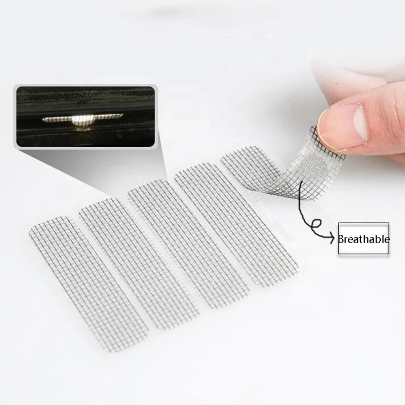 Self-adhesive window screen repair patches are shown next to a black window pane and a human finger.