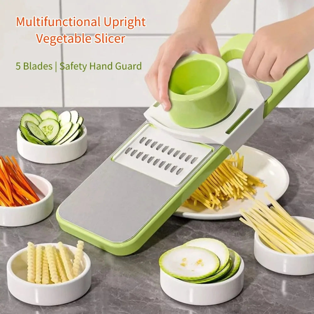A hand is using a multifunctional upright vegetable slicer with five blades to cut vegetables.