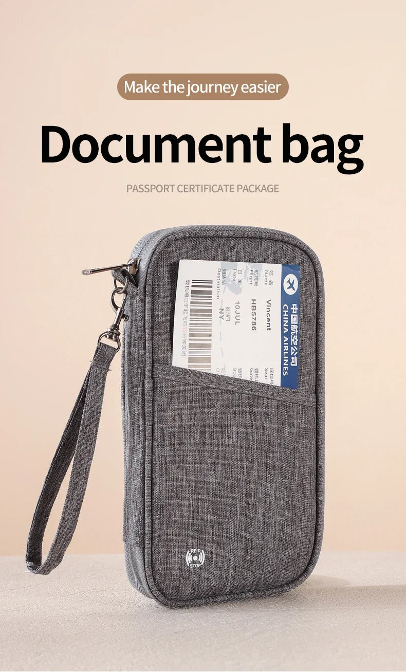 A gray document bag designed to make the journey easier, holding a passport certificate package.