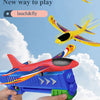 A hand holds a blue foam plane launcher, ready to launch a yellow and red foam plane against a cloudy sky.