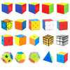 A collection of colorful, translucent geometric cubes in various colors and patterns.