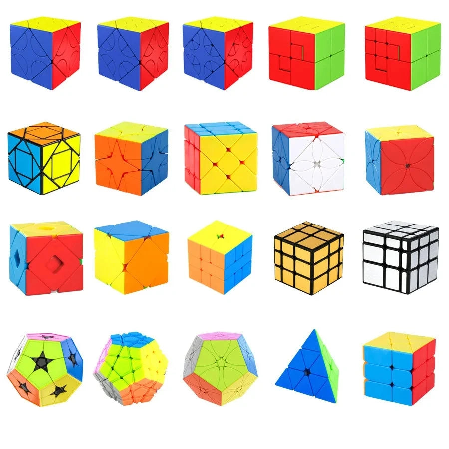 A collection of colorful, translucent geometric cubes in various colors and patterns.