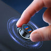 A hand is pressing a dual-port USB-C car charger into a device, showing a blue energy ring effect.