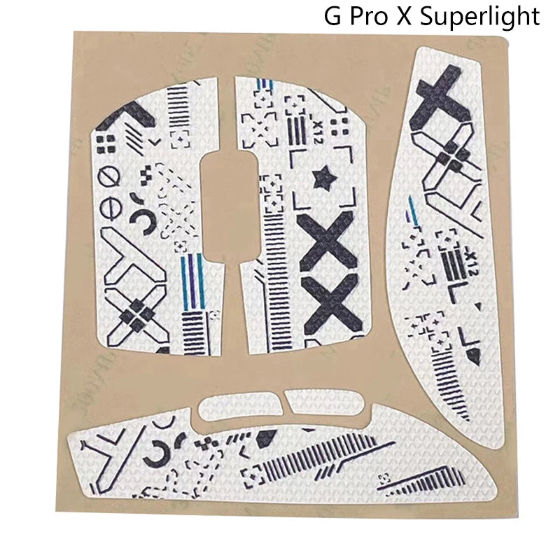 Anti-slip mouse grip tape for a G Pro X Superlight mouse, featuring various icons and grips.