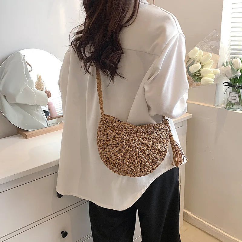 Handwoven Straw Semicircle Crossbody Bag with Tassel