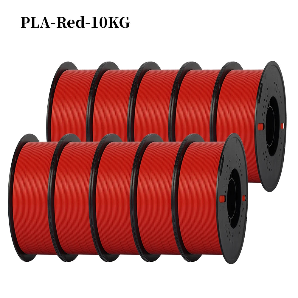 A bundle of ten red PLA filament spools, each weighing 10KG, for a 3D printer.