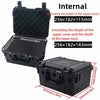 Black rugged waterproof hard case shown with dimensions and internal measurements.