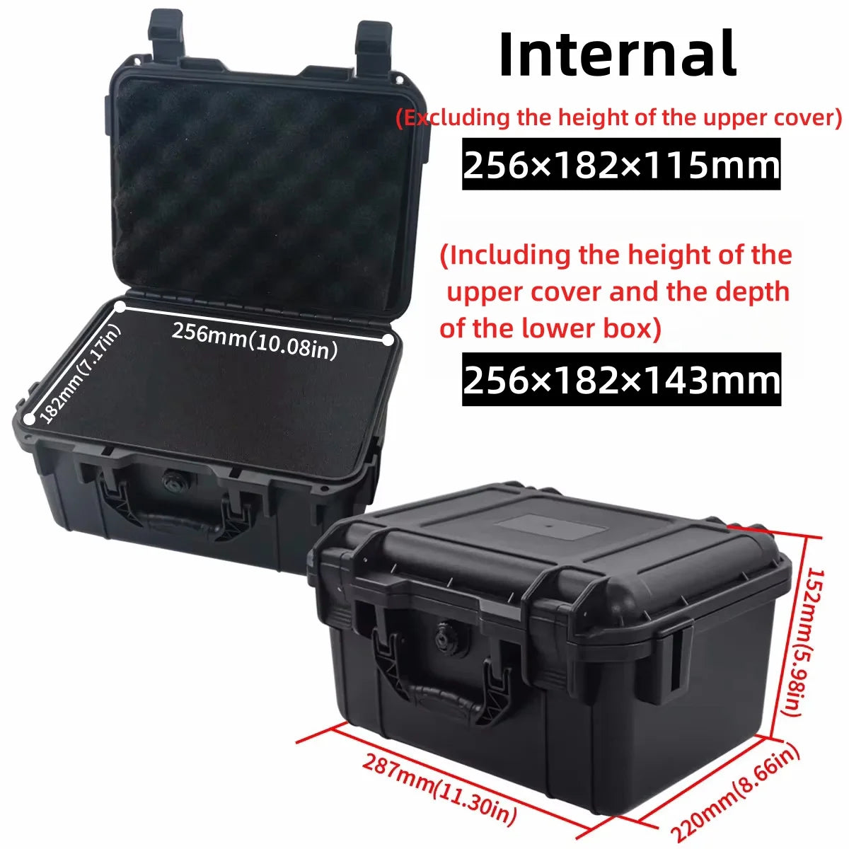 Black rugged waterproof hard case shown with dimensions and internal measurements.