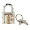 A clear practice padlock with a key is shown next to the lock.
