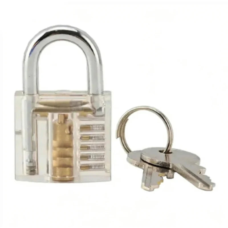 A clear practice padlock with a key is shown next to the lock.