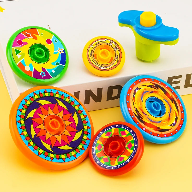 A colorful five-layer stacking spinning top toy with various colored layers and a yellow plastic handle.