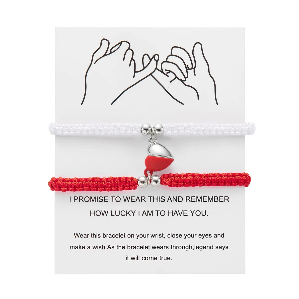 A pair of silver and red magnetic heart couple bracelets shown with a promise design.