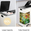 A white dual compartment recycling trash can with a fully-closed lid and a large capacity label.