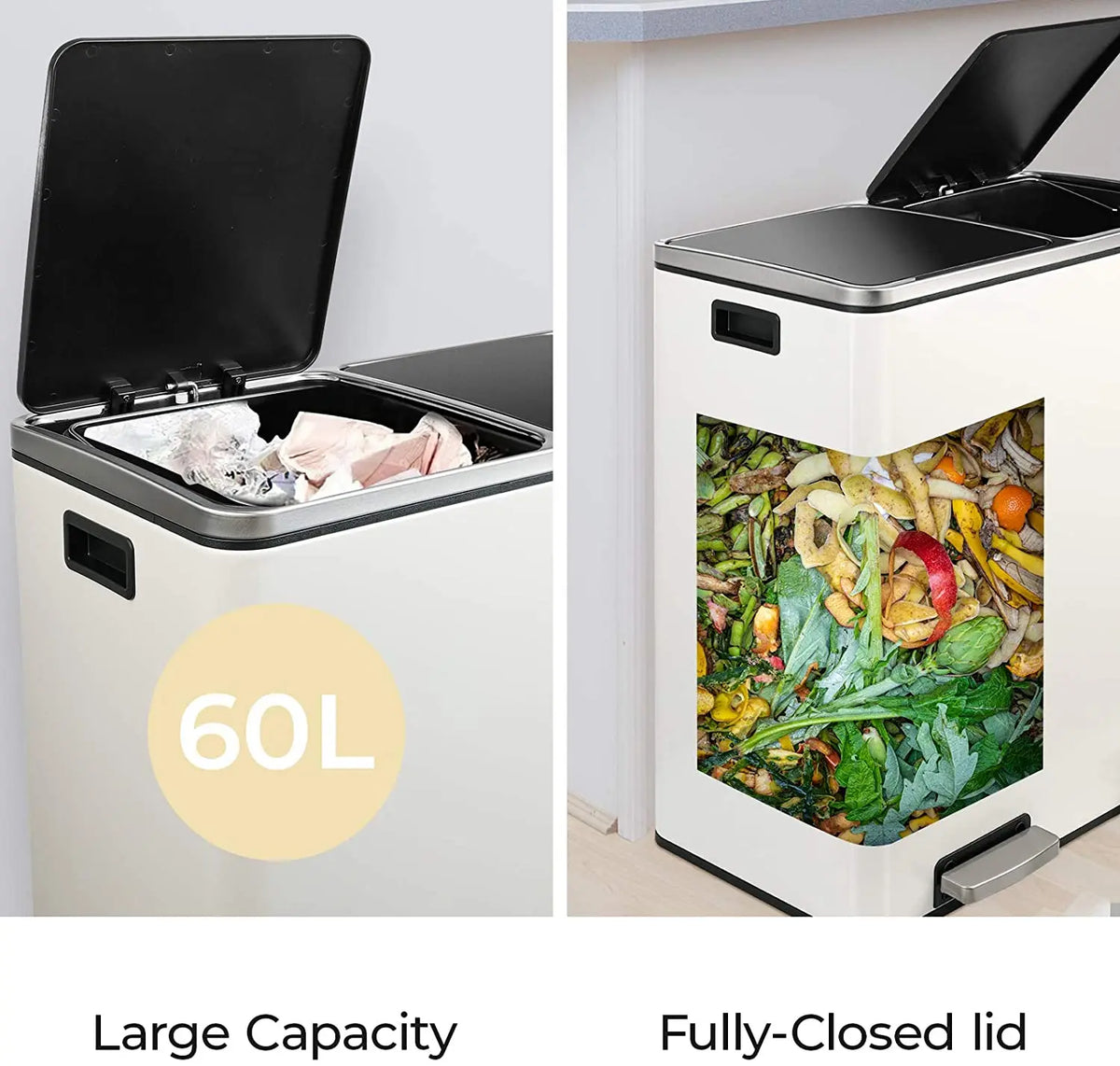 A white dual compartment recycling trash can with a fully-closed lid and a large capacity label.