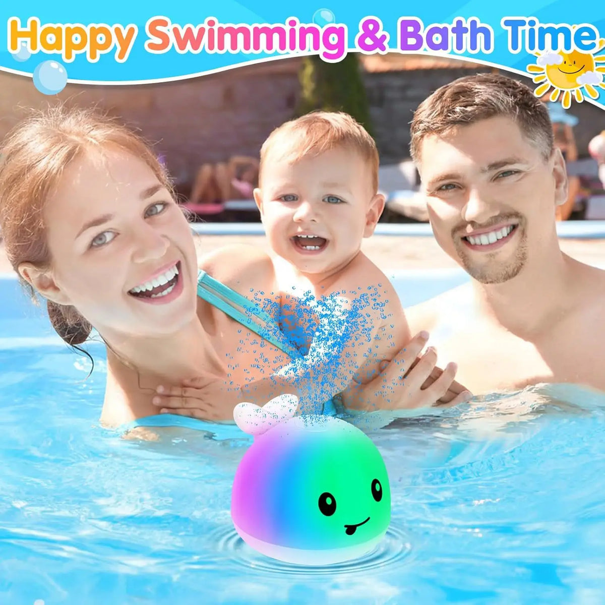 A woman and a man are enjoying swimming and bath time with an interactive light-up whale bath toy in the water.