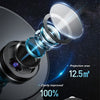 A black projector lamp and white speaker are shown with a blue light projection onto a dark background.