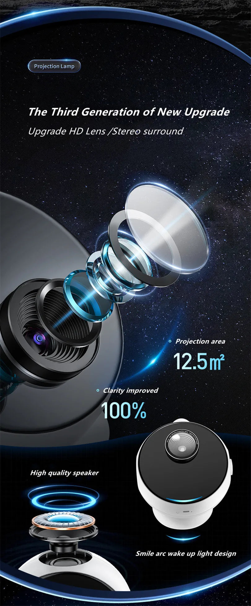 A black projector lamp and white speaker are shown with a blue light projection onto a dark background.