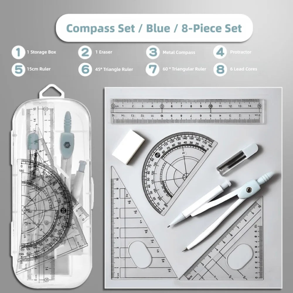 8-Piece Geometry Set – Transparent Rulers, Protractor, Compass & Eraser