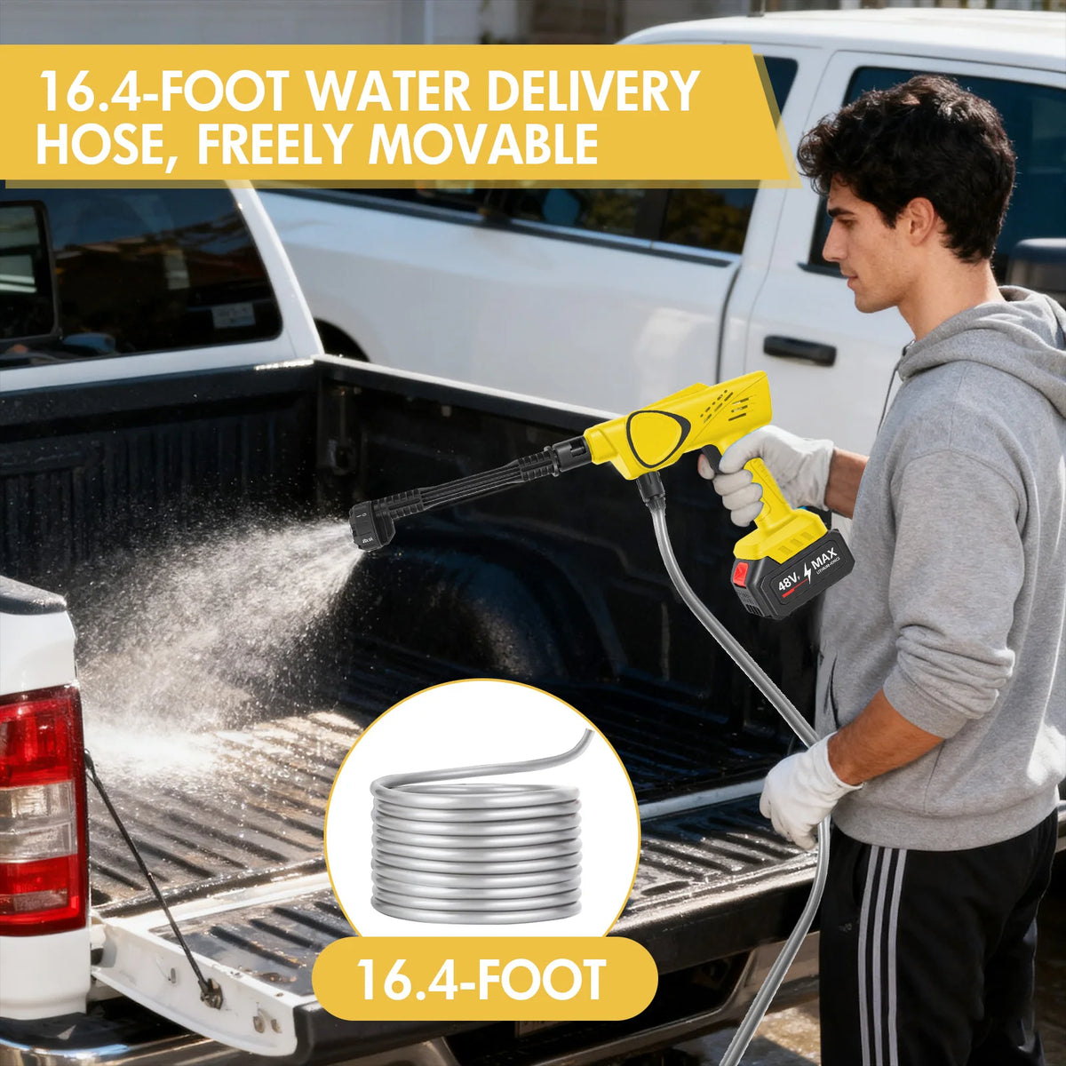 A young man is using a 16.4-foot water delivery hose from a cordless electric pressure washer on the tailgate of a truck.