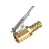 Brass tire inflator chuck with a metal clip-on valve connector.