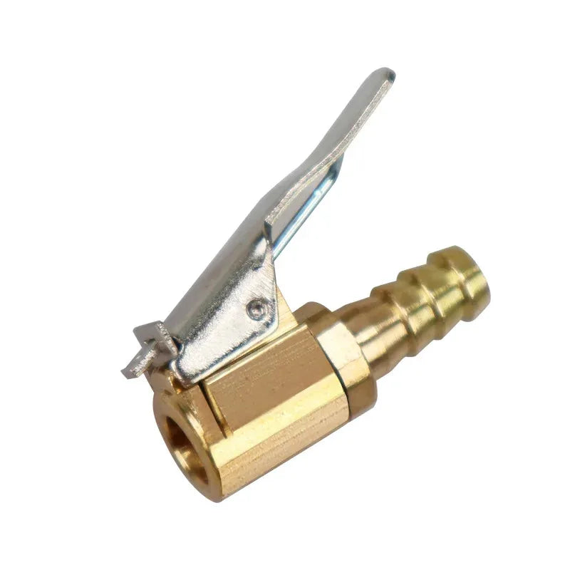 Brass tire inflator chuck with a metal clip-on valve connector.