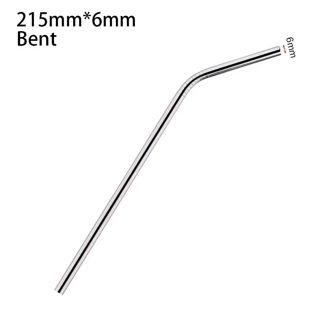 A bent stainless steel straw measuring 215mm by 6mm.