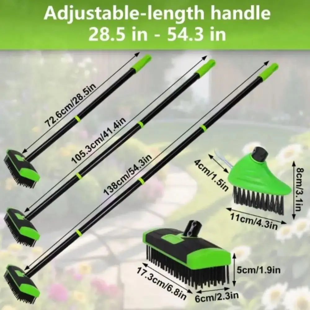 Pincel para desmalezar con mango de longitud ajustable y cabeza verde, mostrado en varias longitudes.