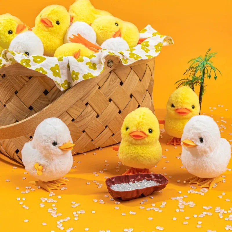 A woven basket filled with yellow chicks and a small white chick toy on an orange background.