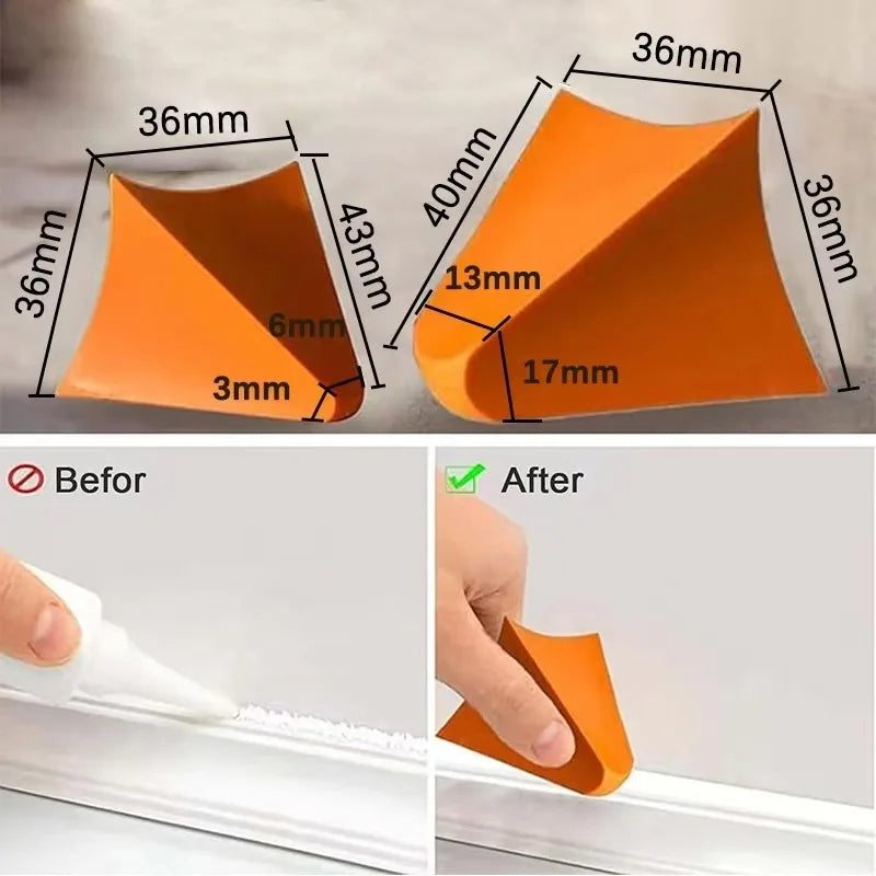 A silicone tile grout filling tool set demonstrates before and after application of sealant for home seam repair.