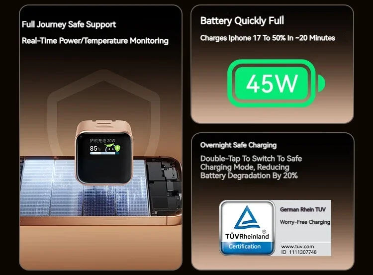 Chargeur portable avec support sécurisé, charge rapide et charge nocturne sécurisée