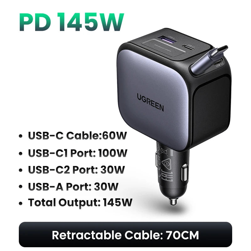 145W USB-C & USB-A Car Charger with Retractable Cable