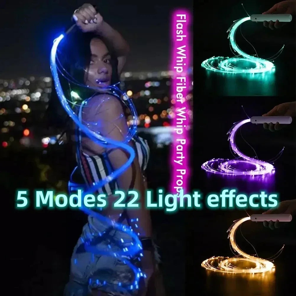 A person holding a glowing blue LED fiber optic dance whip demonstrating five modes and 22 light effects.