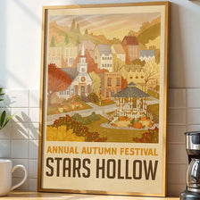 Canvas art depicting a village scene for the Annual Autumn Festival Stars Hollow with autumn foliage.