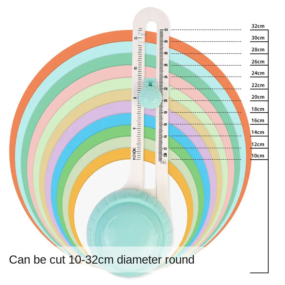 Adjustable circular paper cutter showing a set of concentric colored blades and a measuring scale.
